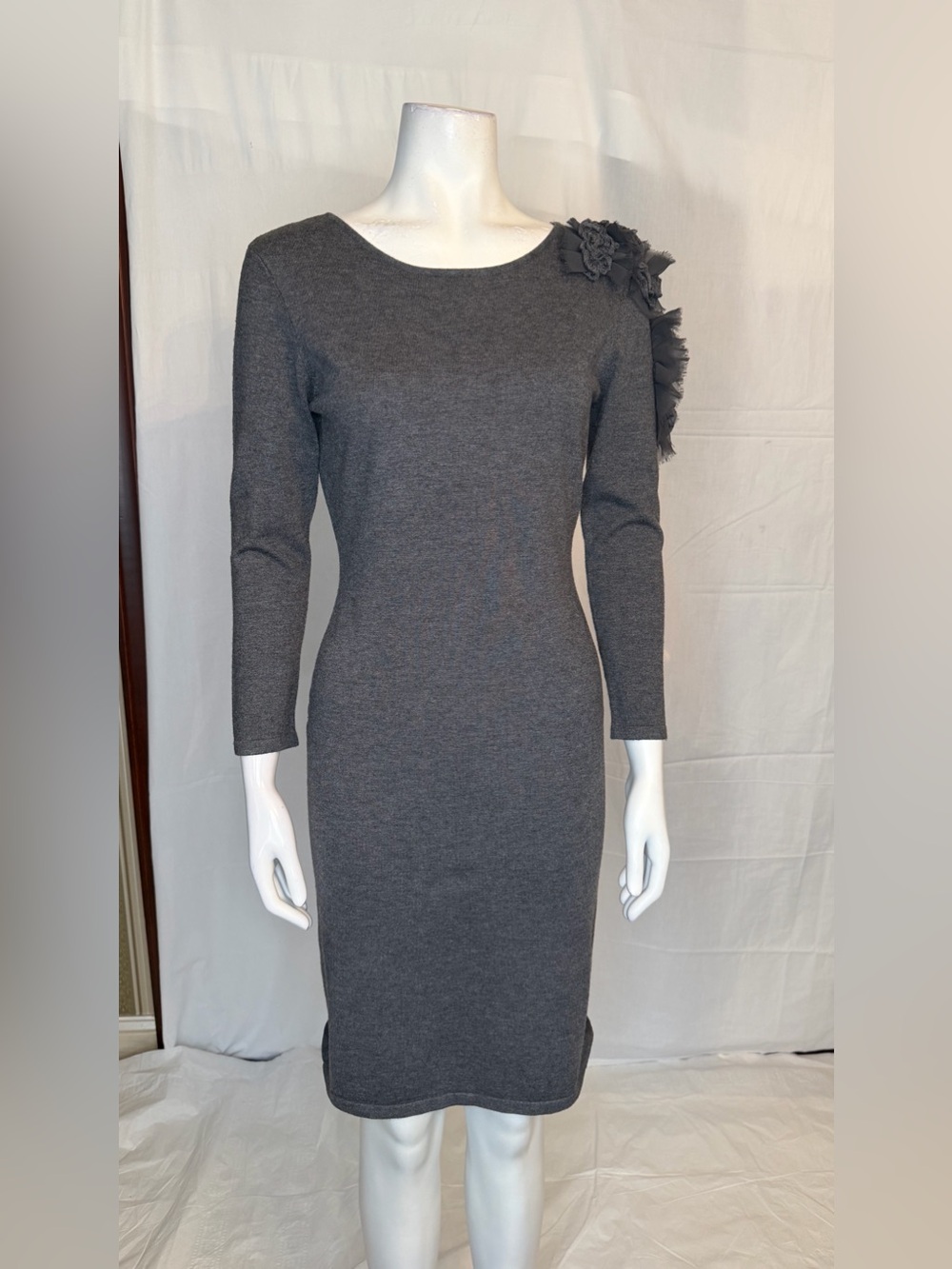 Escada Charcoal Gray Long-Sleeve Sheath Dress with Shoulder Floral Detail